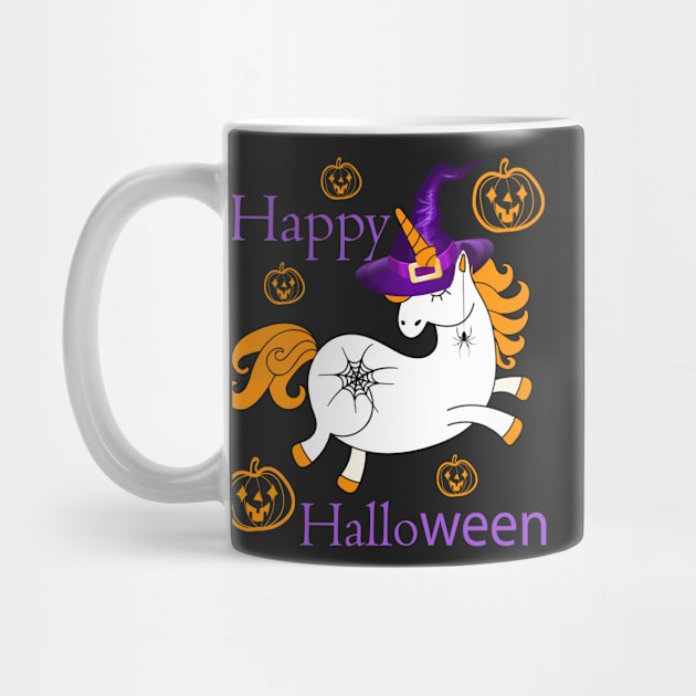 Enchanted Halloween: a baby unicorn in a wizard's hat with a spider web tattoo and a spider earring, against a Jack-o'-Lanterns background by KrasiStaleva